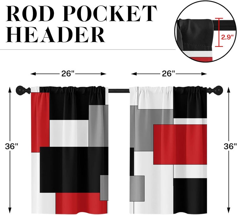 Tayney Red Kitchen Curtains 36 Inch Length Black Grey White Window Short Tier Curtains Over Sink Set of 2, Modern Abstract Geometric Art Small Kitchen Decor 26x36 Inch - Image 4